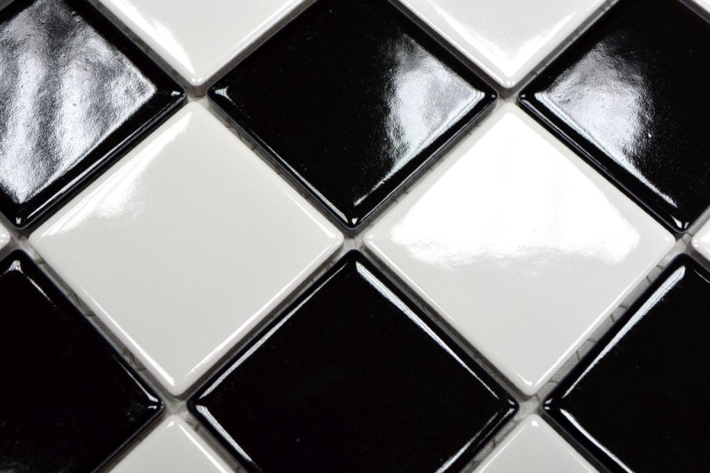 Keramik Mosaik Fliese Fliesenspiegel Schachbrett schwarz weiß glänzend MOS16-CD200