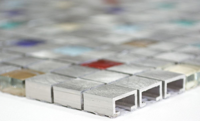 Handmuster Mosaik Fliese Aluminium Transluzent Alu Glasmosaik Crystal silber bunt MOS49-A702_m