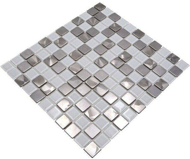 Mosaik Fliesen Edelstahl Glasmosaik Stahl weiss silber Mosaikplatte MOS129-0104