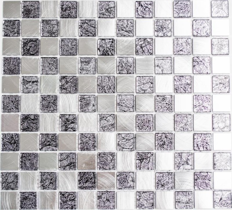 Mosaic rear wall aluminum glass mosaic aluminum checkerboard black silver MOS49-0302_f