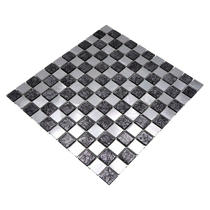Mosaik Fliese Aluminium Glasmosaik schachbrett schwarz anthrazit silber MOS49-0302