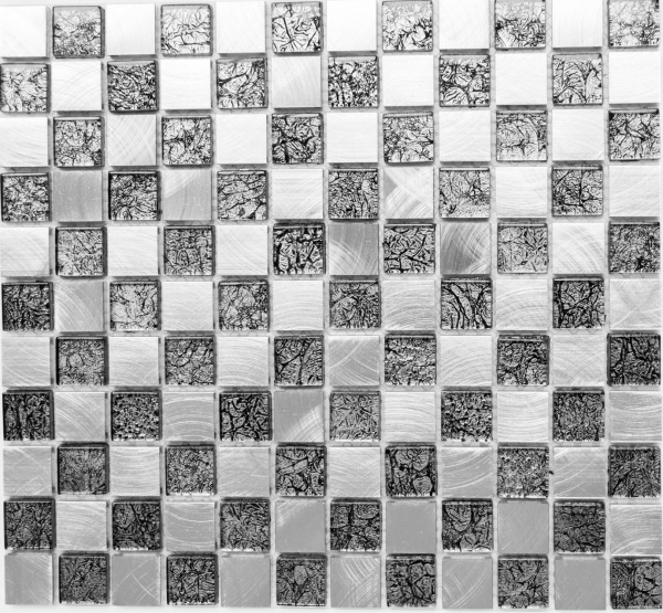 Piastrella di mosaico campione a mano alluminio vetro traslucido mosaico Crystal Alu scacchiera nero argento MOS49-0302_8mm_m