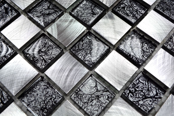 Piastrella di mosaico campione a mano alluminio vetro traslucido mosaico Crystal Alu scacchiera nero argento MOS49-0302_8mm_m
