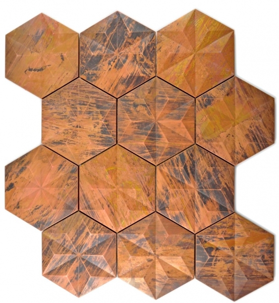 Piastrella di rame a mosaico Esagono 3D marrone per lalzatina della cucina -1516