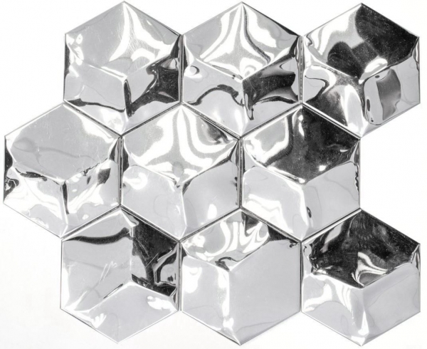 Hand-patterned mosaic tile stainless steel silver hexagon 3D steel glossy MOS129-HXM10SG_m