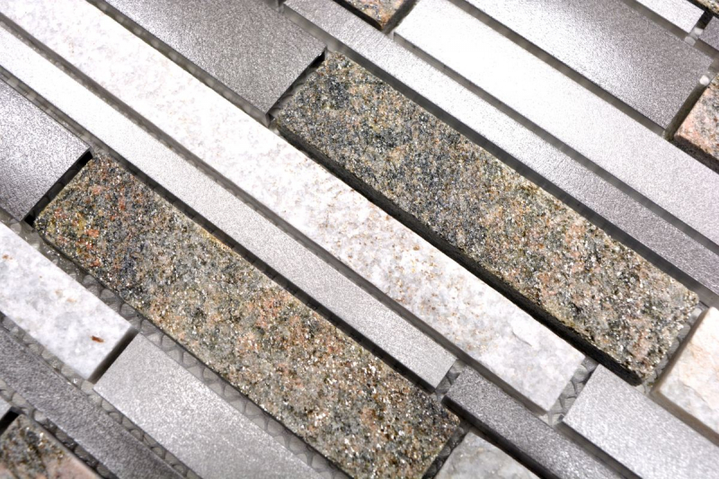 Handmuster Mosaik Fliese Quarzit Naturstein Aluminium silber grau hellbeige Verbund MOS49-XSA535_m