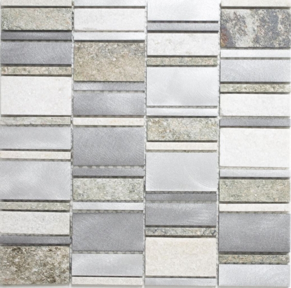 Handmuster Mosaik Fliese Quarzit Naturstein Aluminium silber grau hellbeige Rechteck MOS49-505_m