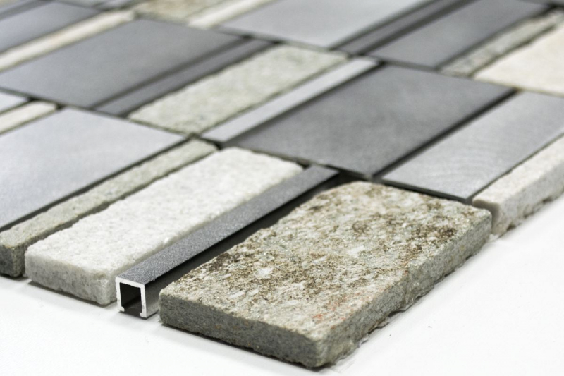 Handmuster Mosaik Fliese Quarzit Naturstein Aluminium silber grau hellbeige Rechteck MOS49-505_m