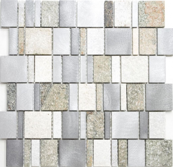Handmuster Mosaik Fliese Quarzit Naturstein Aluminium silber grau hellbeige Rechteck MOS49-515_m