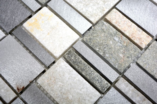 Handmuster Mosaik Fliese Quarzit Naturstein Aluminium silber grau hellbeige Rechteck MOS49-515_m