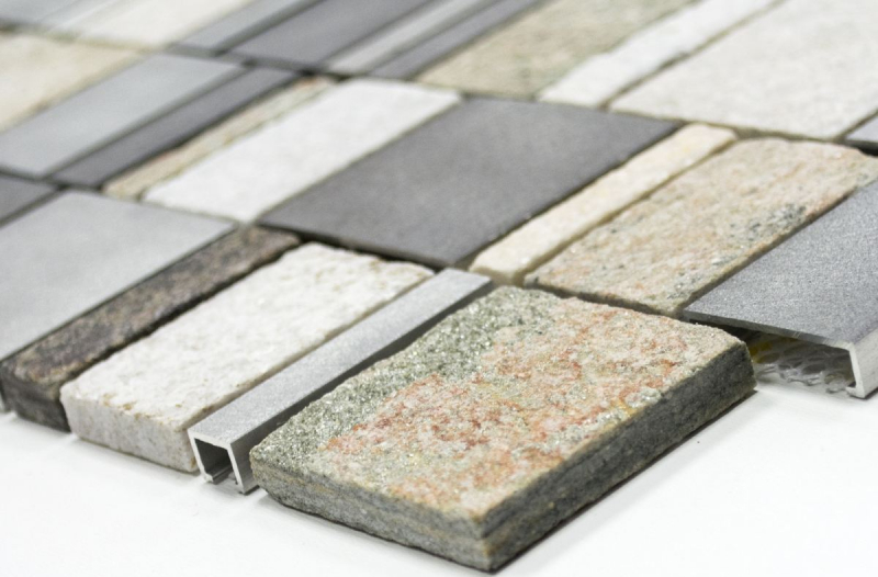 Mosaik Rückwand Quarzit Naturstein Aluminium silber grau hellbeige Rechteck MOS49-515_f
