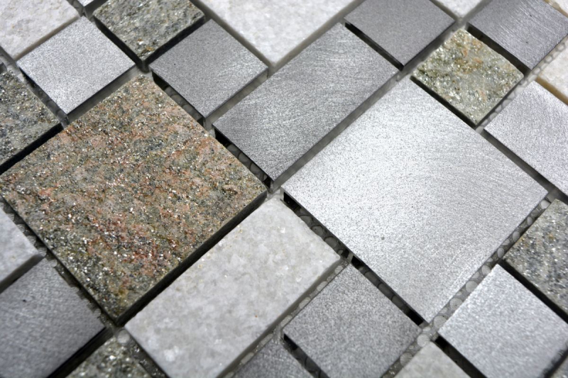 Handmuster Mosaik Fliese Quarzit Naturstein Aluminium silber grau hellbeige Kombination MOS49-525_m