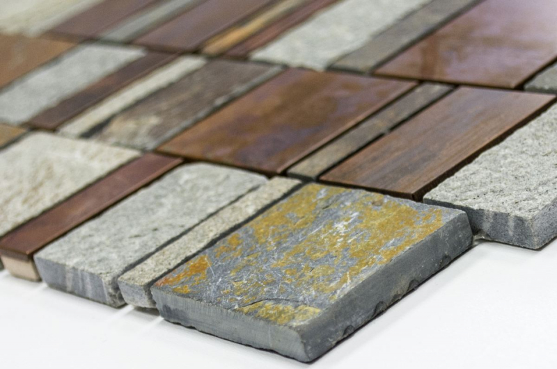 Kupfermosaik Fliese grau rost Rechteck Naturstein Küchenrückwand Fliesenspiegel MOS47-585