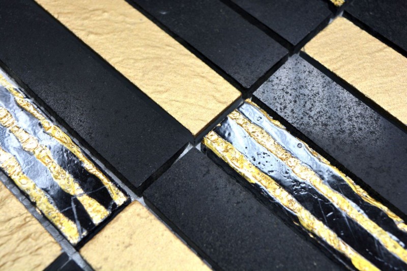 Marmor Mosaik Fliese Naturstein Rechteck Riemchen Carving gold schwarz Bad - MOS40-STN79
