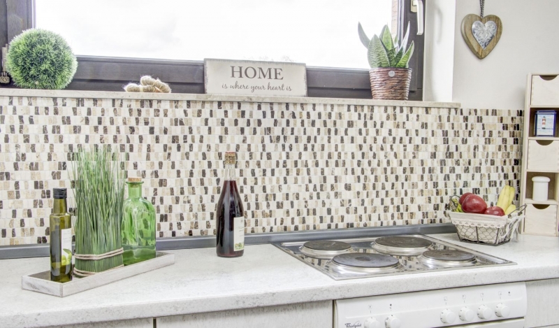 Marble mosaic tile natural stone sticks beige cream dark brown kitchen backsplash - MOSSopo-M10-VH21