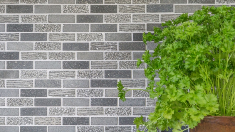 Mosaik Marmor Naturstein grau cementgrau anthrazit Brick Backsteinoptik Carving Fliesenspiegel Küche - MOS40-B49