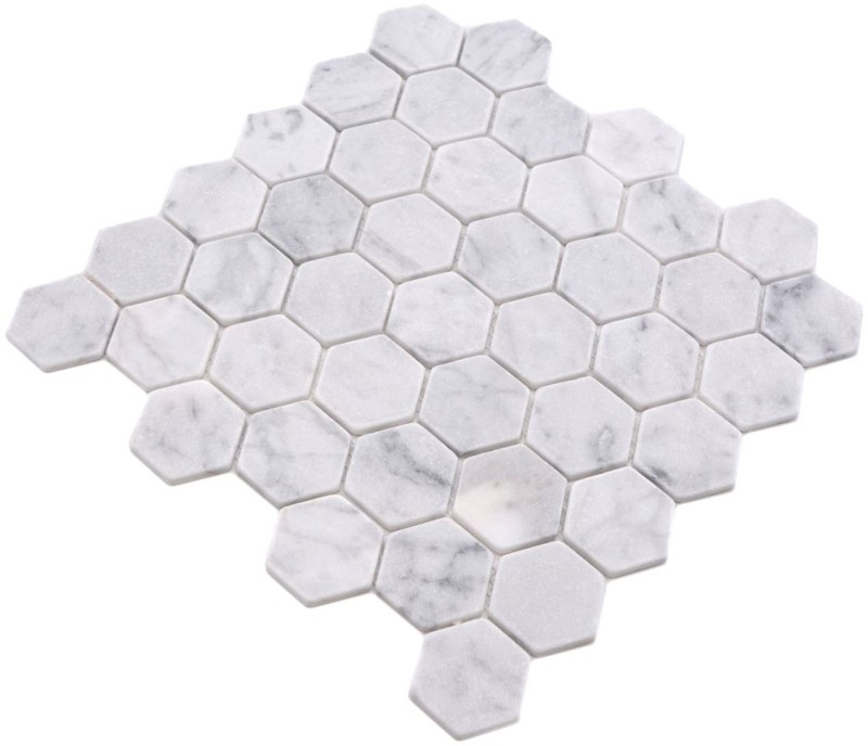 Marmor Mosaik Fliese Naturstein Hexagon weiß anthrazit Carrara Fliesenspiegel Wandfliese - MOS44-0103