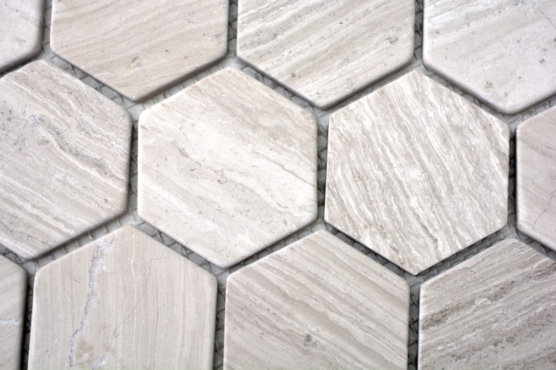 Marble mosaic tile natural stone hexagon light gray cream stripes shower wall floor tile backsplash - MOS44-1205
