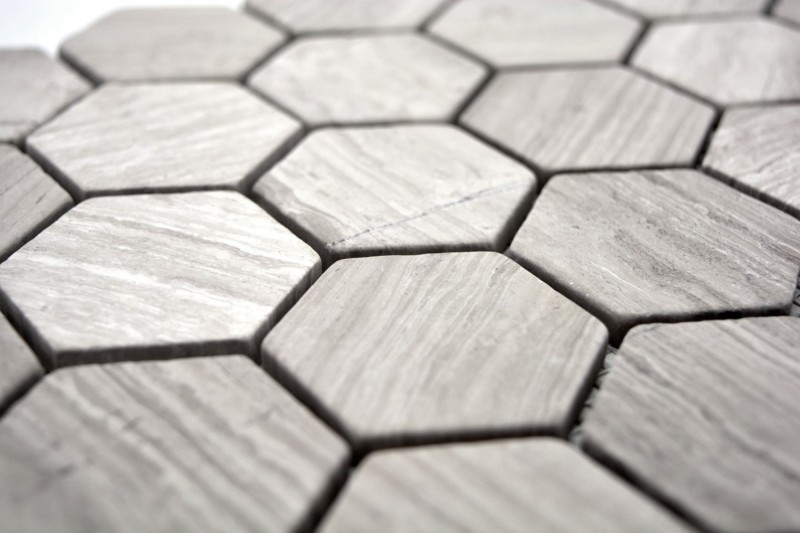 Marmor Mosaik Fliese Naturstein Hexagon hellgrau creme Streifen Dusche Wand Boden Fliesenspiegel - MOS44-1205