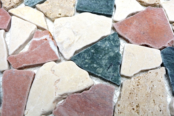 Hand-patterned mosaic tile marble natural stone cream beige red green fracture Ciot Random MOS44-1204_m
