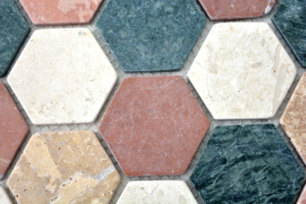 Piastrella di mosaico marmo pietra naturale crema beige rosso verde esagono casuale MOS42-1213_f