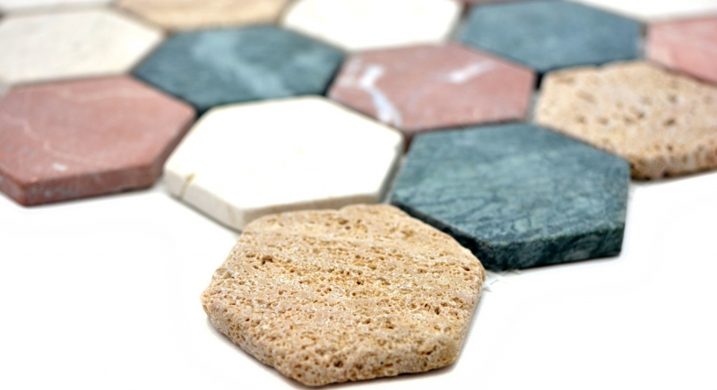 Piastrella di mosaico dipinta a mano marmo pietra naturale crema beige rosso verde esagono casuale MOS42-1213_m