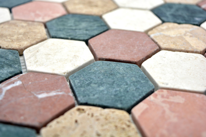 Hand-painted mosaic tile marble natural stone cream beige red green hexagon random MOS42-1213_m
