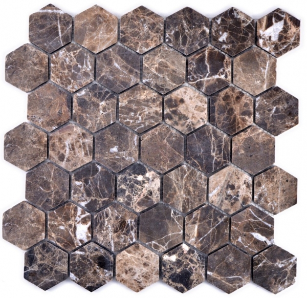 Hand-painted mosaic tile Marble natural stone Hexagon Impala brown flamed MOS42-1313_m