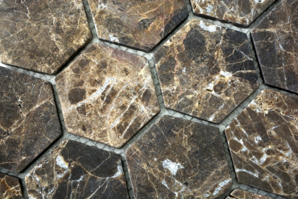 Marmor Mosaik Fliese Naturstein Hexagon Impala dunkelbraun mix geflammt Dusche Wand Bode - MOS42-1313