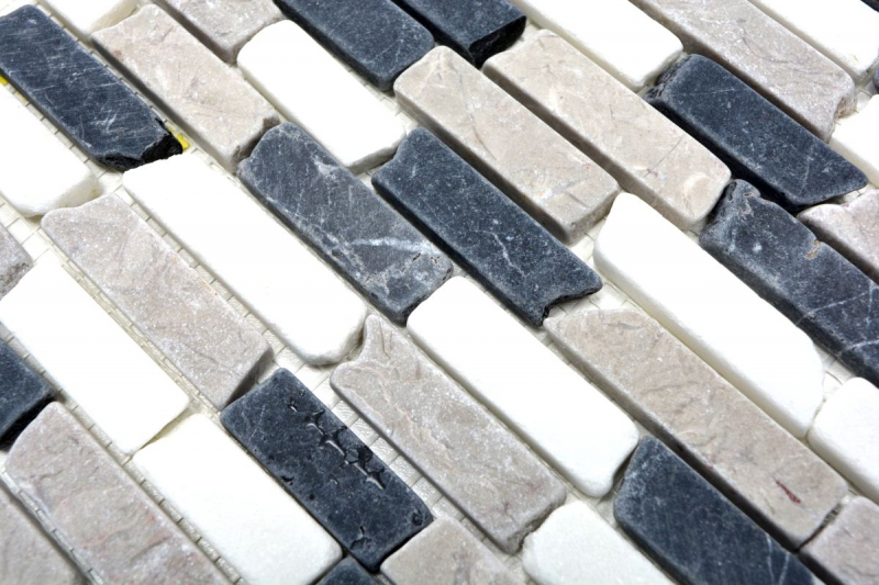 Mosaik Fliese Marmor Naturstein beige grau schwarz Brick Botticino Nero MOS40-0204_f