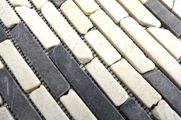 Mosaik Marmor Naturstein hellbeige creme schwarz anthrazit Brick Verbund Stäbchen Fliesenspiegel Küche - MOS40-0115