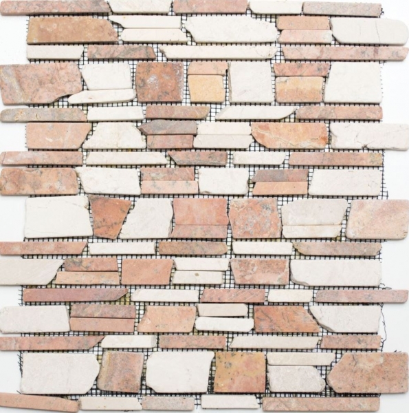 Mosaik Fliese Marmor Naturstein beige rot Brickmosaik Biancone Rosso MOS40-0225_f