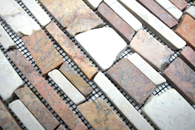 Mosaik Fliese Marmor Naturstein beige rot Brickmosaik Biancone Rosso MOS40-0225_f