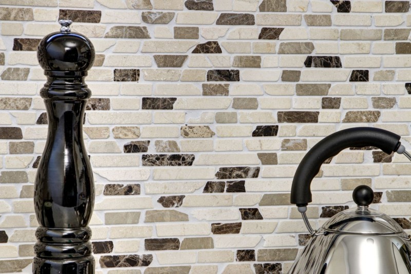 Mosaïque marbre pierre naturelle beige marron crème Brick Castanao composé de bâtonnets carrelage mur cuisine - MOS40-0195