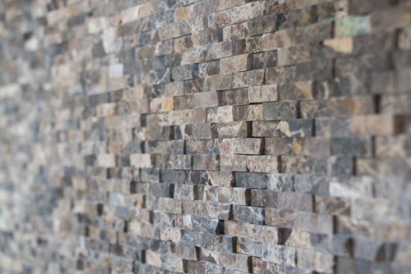 Splitface marble mosaic stone wall natural stone dark brown brick wall bond 3D look kitchen bathroom - MOS40-3D76
