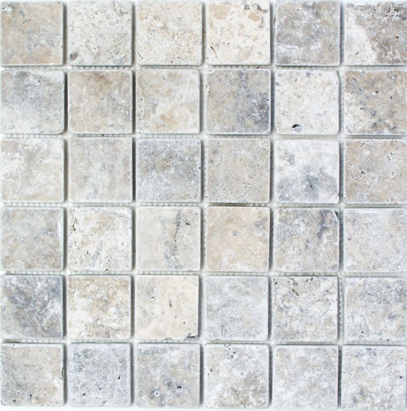 Travertin Carreau de mosaïque terrasse mur sol pierre naturelle Medio gris clair argenté beige Carreau de mur salle de bain cuisine - MOS43-47048