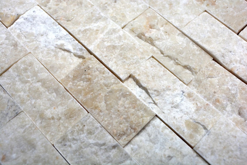 Splitface Marmor Mosaik Steinwand Naturstein elfenbein Brick Mauerverband 3D Optik Fliesenspiegel Wandverkleidung - MOS45-1202