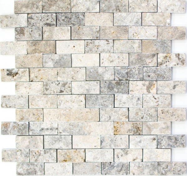 Travertin Mur de pierres Pierres naturelles gris clair argenté Brick Splitface 3D Aspect carrelage Mur de parement cuisine - MOS43-47248