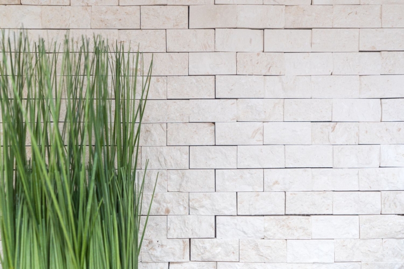 Mosaico di pietra calcarea pietra naturale Splitface muro di pietra bianco crema Brick Limestone 3D ottica piastrelle backsplash muro piastrelle bagno - MOS29-49248