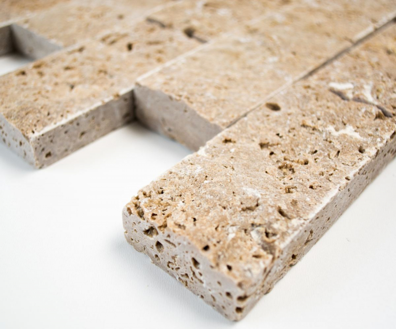 Hand sample mosaic tile Travertine natural stone walnut Brick Splitface Noce Travertine 3D MOS43-1210_m