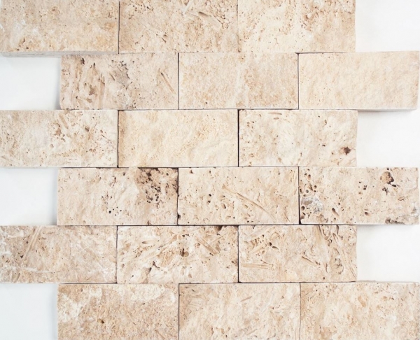 Piastrella di mosaico Travertino pietra naturale beige Brick Splitface Chiaro Travertino 3D MOS43-1206_f