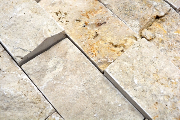 Handmuster Mosaik Fliese Travertin Naturstein beige Brick Splitface Chiaro Travertin 3D MOS43-1206_m