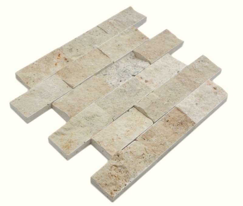 Mosaik Steinwand Travertin Naturstein beige Brick Splitface 3D Optik Spritzschutz Wandverblender Küchenrückwand - MOS43-1206