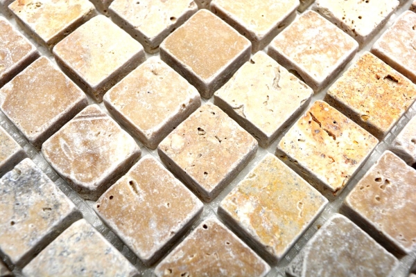 Échantillon manuel de mosaïque Carreau en travertin Pierre naturelle beige brun Travertin tumbled MOS43-46380_m