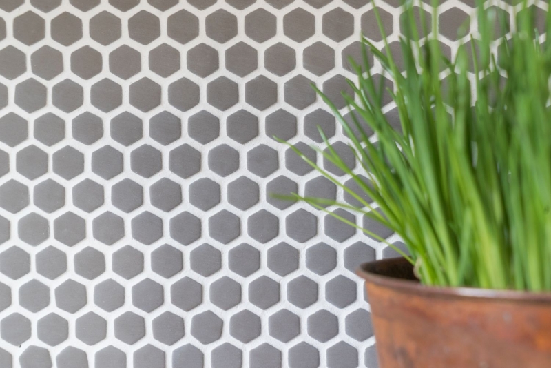 Glasmosaik Nachhaltiger Wandbelag Fliesenspiegel Recycling Hexagon Enamel graubraun matt MOS140-HX15G