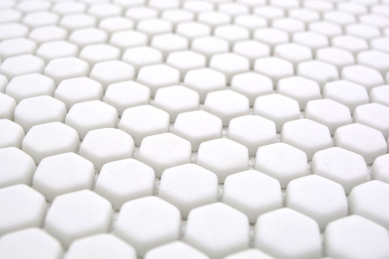 Glass mosaic Sustainable wall covering Tile backsplash Recycling Hexagon Enamel white matt MOS140-HX17W