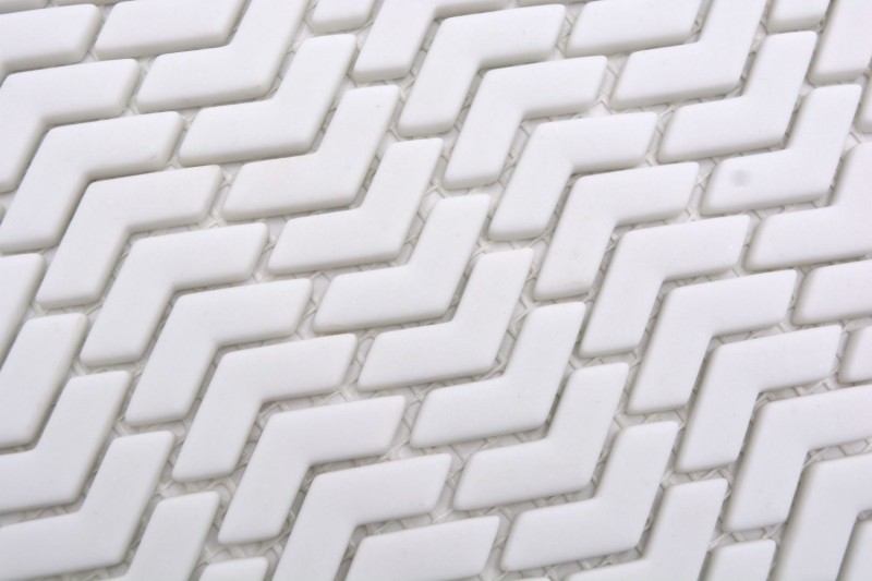 Glass mosaic Sustainable wall covering Tile backsplash Recycling herringbone Enamel white matt MOS140-HB37W
