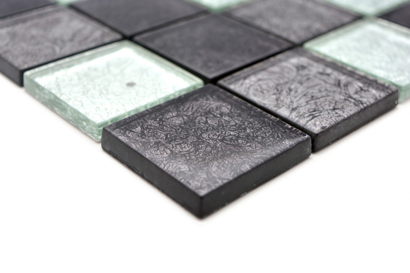 Handmuster Mosaikfliese Transluzent schwarz Glasmosaik Crystal silber schwarz Struktur MOS126-1784_m