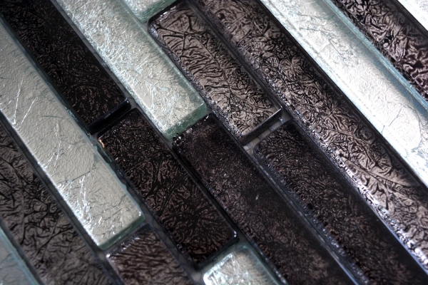 Carreau de mosaïque Bâtons Mosaïque de verre argent gris noir Structure aspect métal MOS86-1703