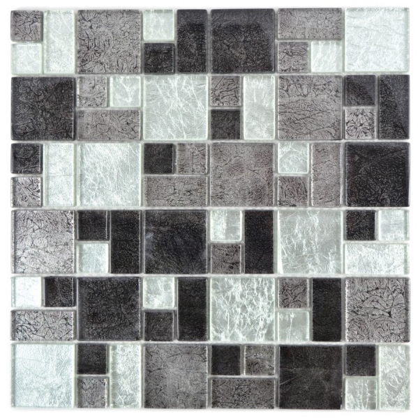 Handmuster Mosaikfliese Transluzent schwarz Kombination Glasmosaik Crystal silber schwarz Struktur MOS88-1703_m